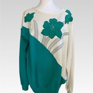 VINTAGE Hanes Teal and Cream Floral Women's Sweater SIZE XL